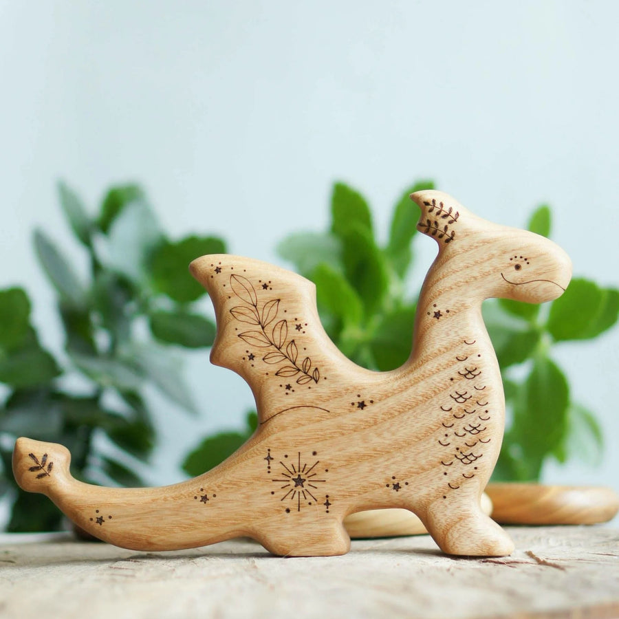 Wooden Dragon, a natural wood animal toy by Tiny Fox Hole, cut and finished by hand from solid wood