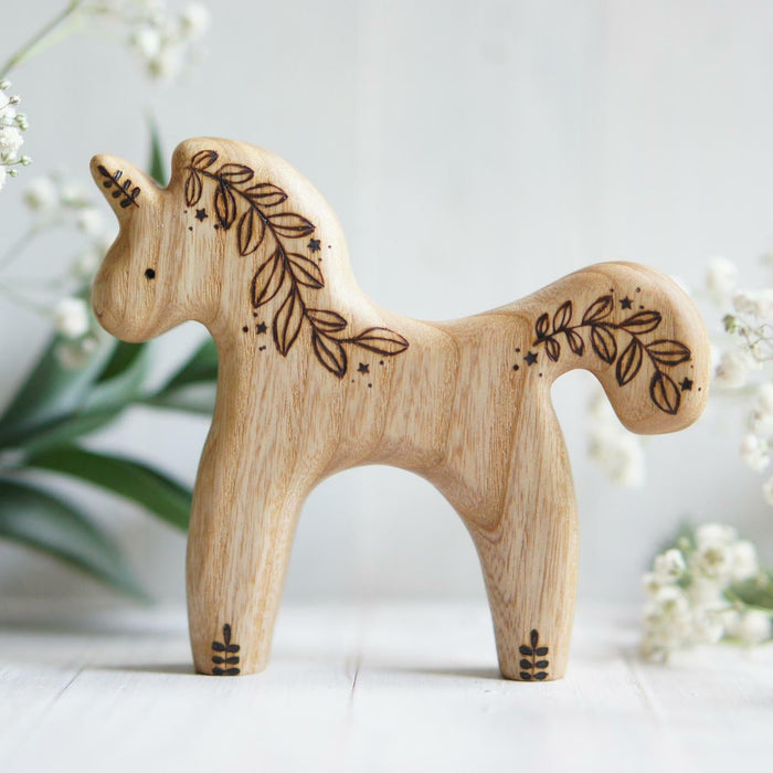 Wooden Unicorn, Flower, a natural wood animal toy by Tiny Fox Hole, cut and finished by hand from solid wood