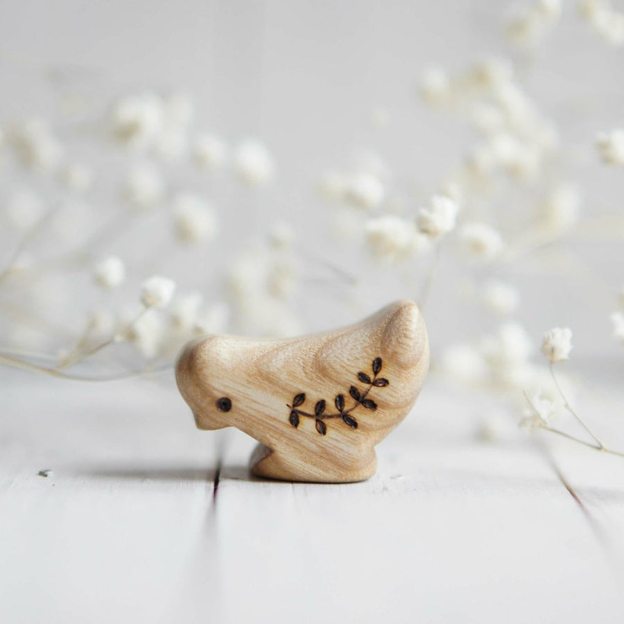 Wooden Chick, Looking Down, a natural wood animal toy by Tiny Fox Hole, cut and finished by hand from solid wood