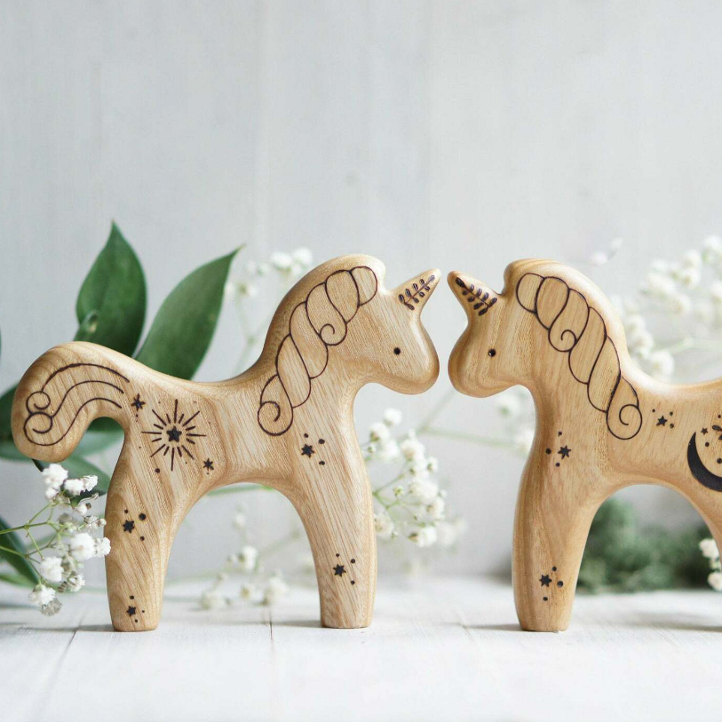 Wooden Unicorn, Star and Moon, a natural wood animal toy by Tiny Fox Hole (view 3)