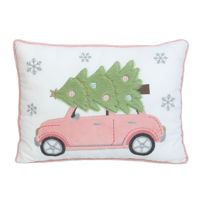Mon Ami pink holiday lumbar pillow with a retro car and Christmas tree