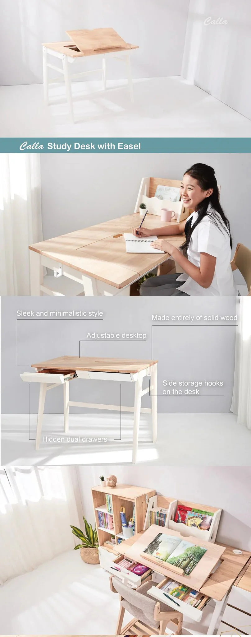 Calla Adjustable Solid Wood Growth Desk with Easel - Rubberwood Construction - Natural Color - Storage Drawers