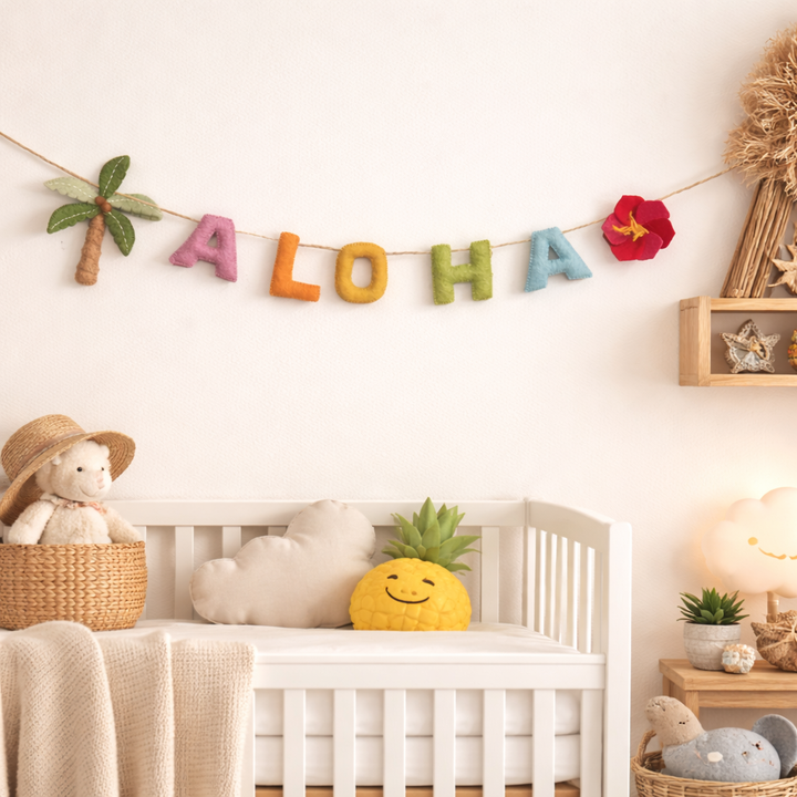 Handmade wool felt garland spelling ALOHA in bright colors