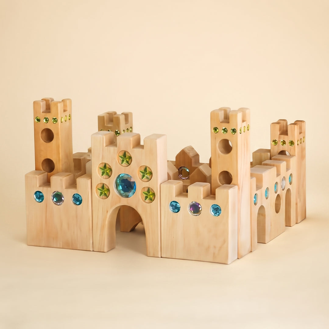 Bauspiel Large Fairytale Castle built from oiled alder towers, gates and walls set with blue and green gems