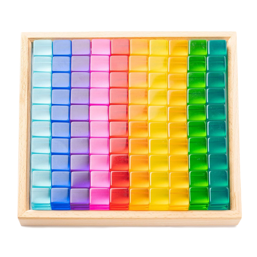 Bauspiel Lucent Cubes, 100 translucent cubes arranged by color in their wooden tray