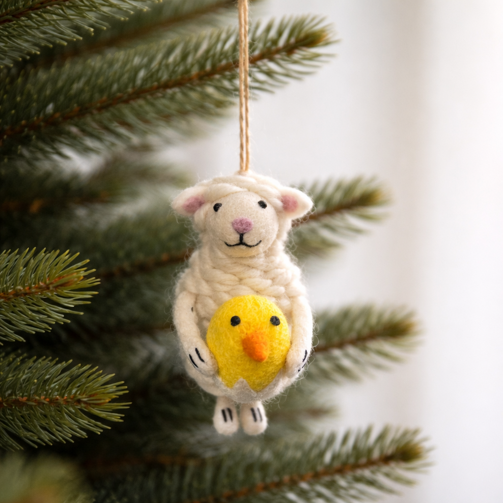 Handmade felt Easter lamb ornament holding a hatching chick
