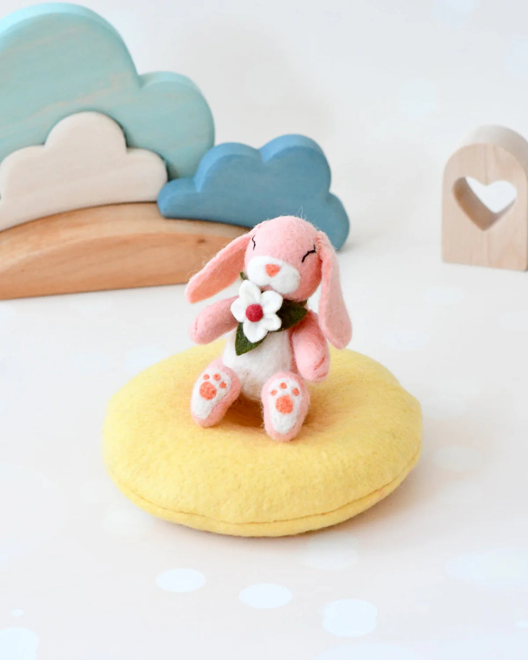 Felt Bunny Rabbit with Flower on Cushion