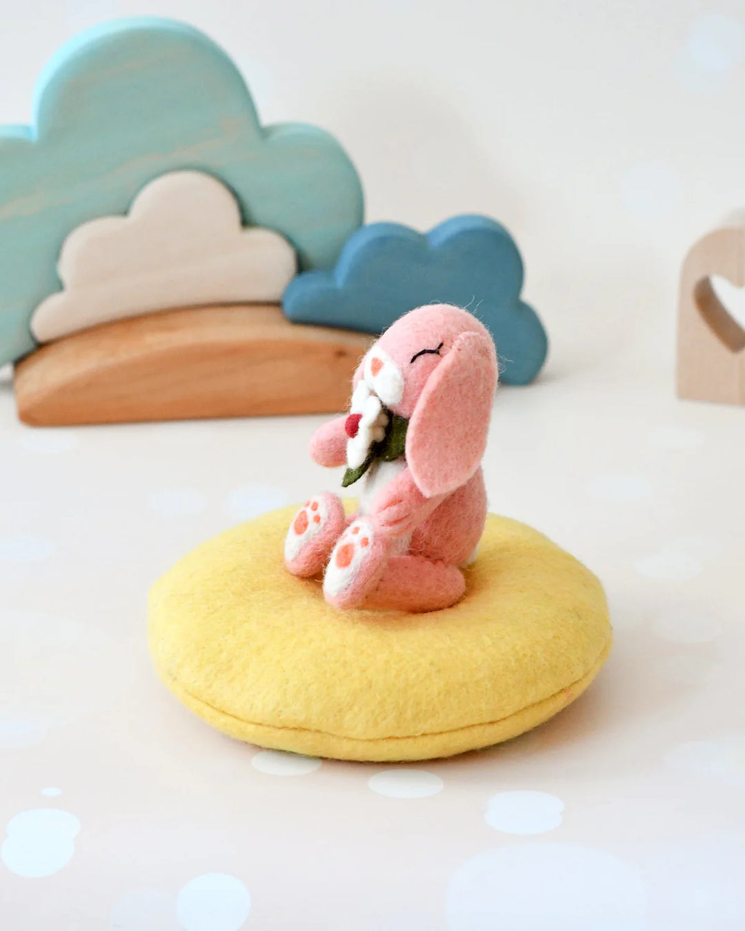 Felt Bunny Rabbit with Flower on Cushion