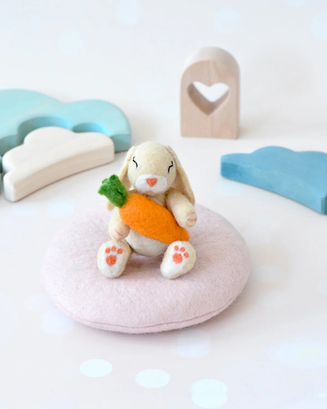 Felt Bunny Rabbit with Carrot on Cushion