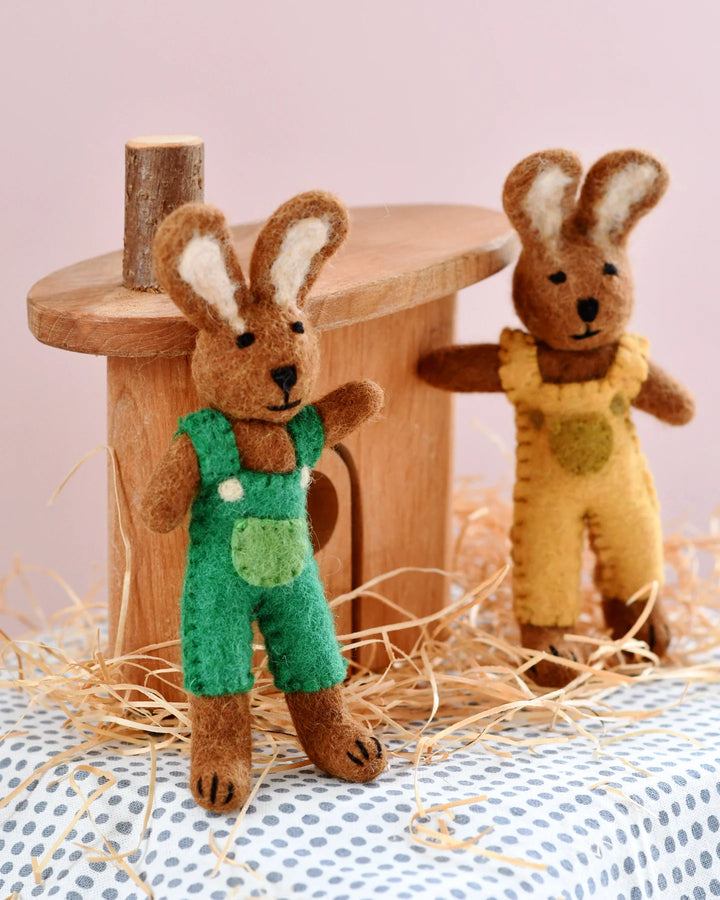 Felt Brown Hare Rabbit with Mustard Yellow Overalls Toy