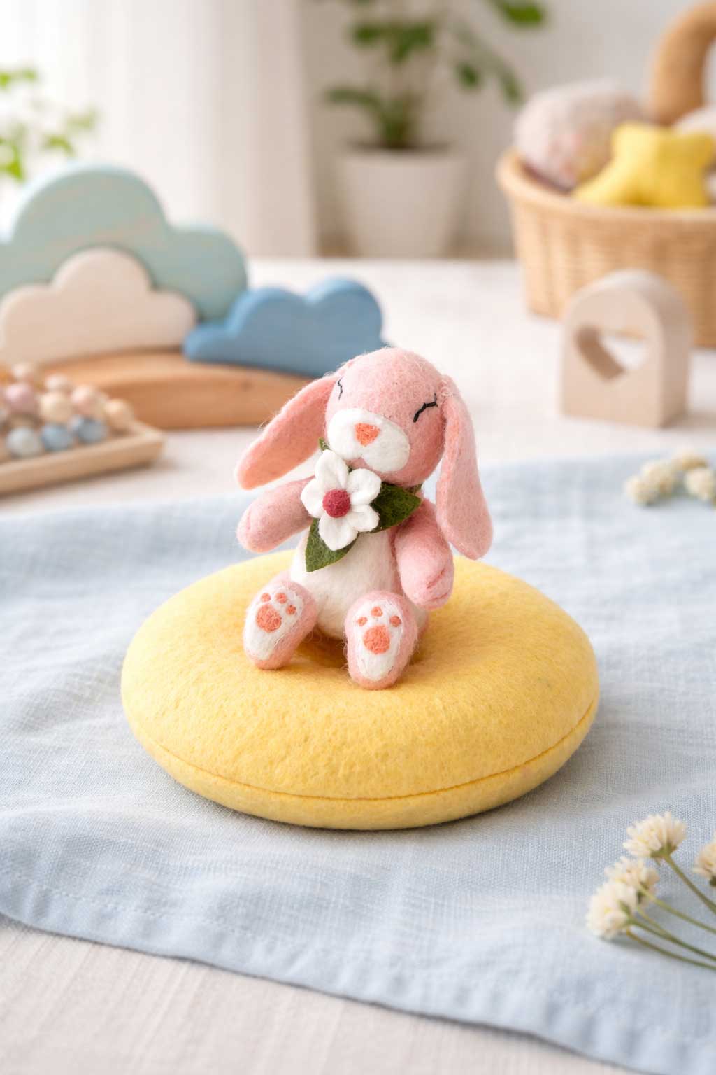 Felt Bunny Rabbit with Flower on Cushion