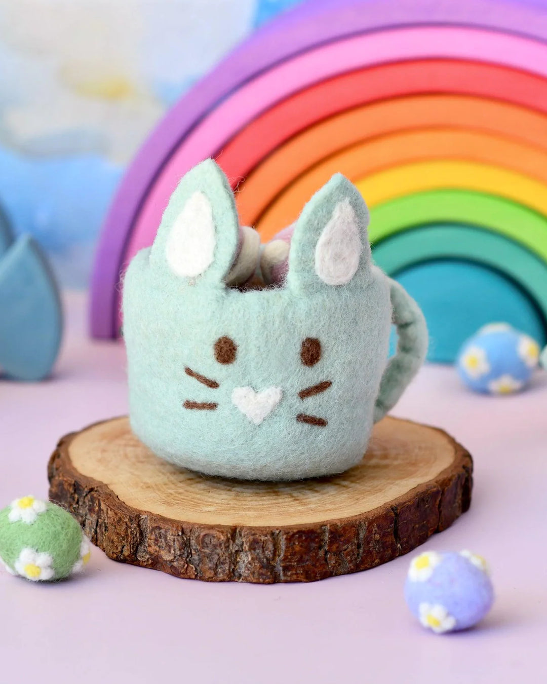 Felt Bunny Hot Chocolate Mug with Marshmallows, Mint Green Cup, New Design