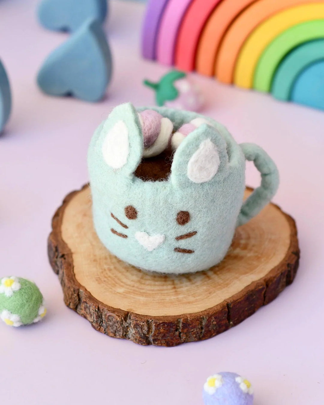 Felt Bunny Hot Chocolate Mug with Marshmallows, Mint Green Cup, New Design