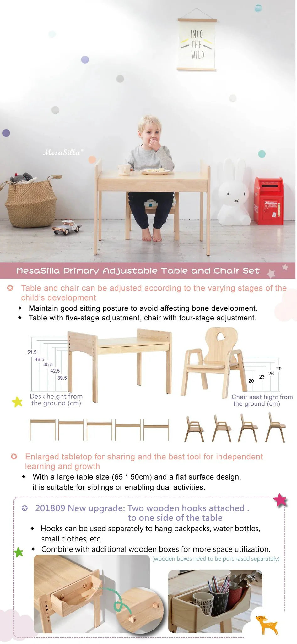 Mesasilla Primary Adjustable Table Set - with drawer-Bear Elephant Car Rabbit  Star - Height Adjustable