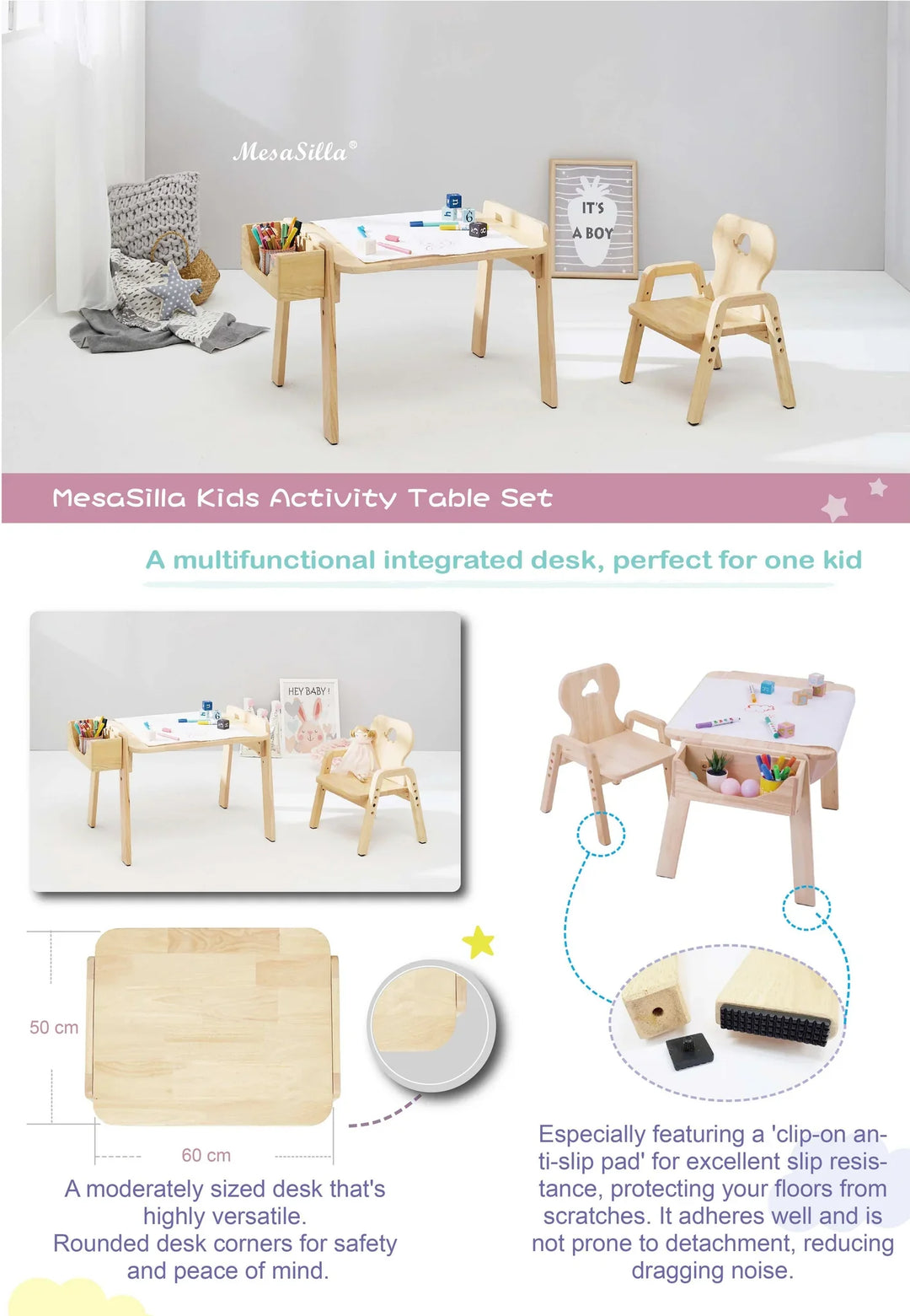 Mesasilla Kids Activities Table Set with Bear, star ,Elephant, Car,and Rabbit - Includes Chair