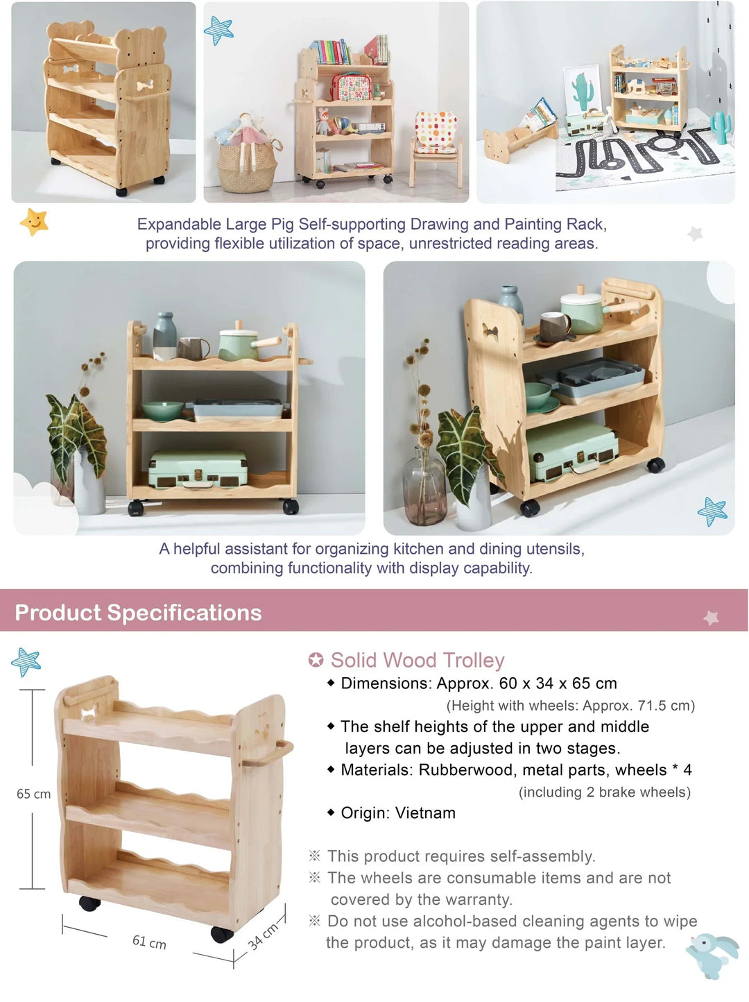 Mesasilla Solid Wood Trolley with 3 Tiers and Lockable Casters