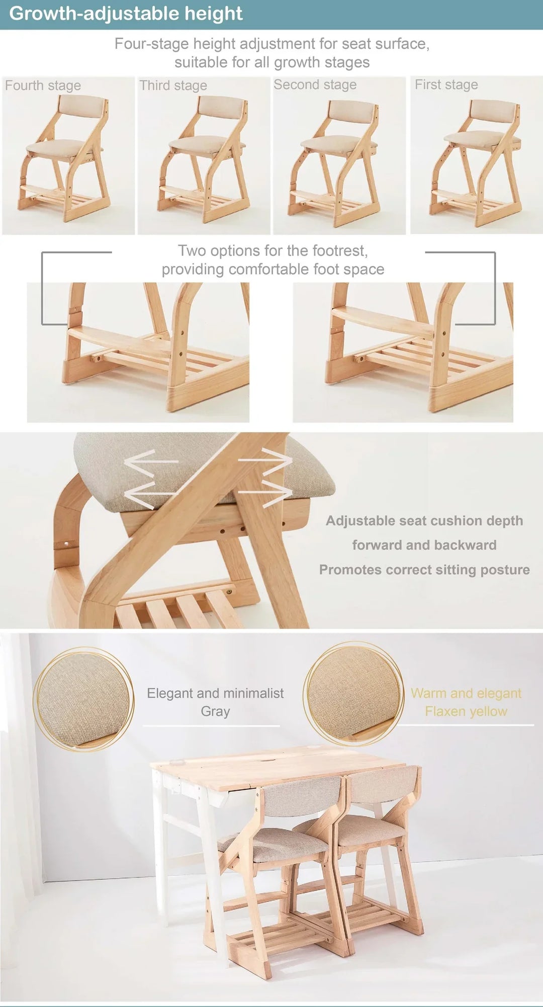 Calla Adjustable Solid Wood Chair for Kids - 4 Height Settings, Easy-to-Clean Fabric