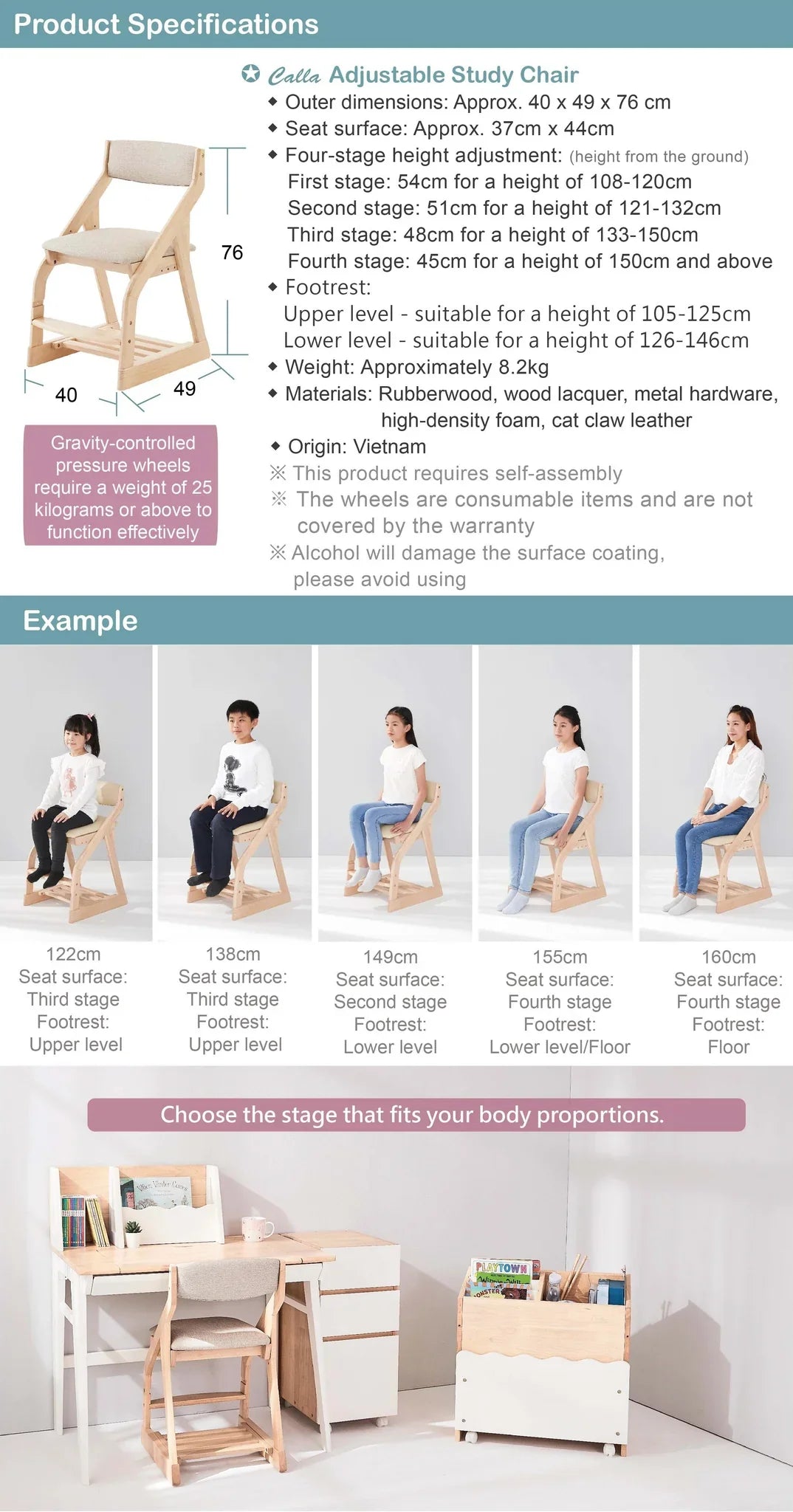 Calla Adjustable Solid Wood Chair for Kids - 4 Height Settings, Easy-to-Clean Fabric
