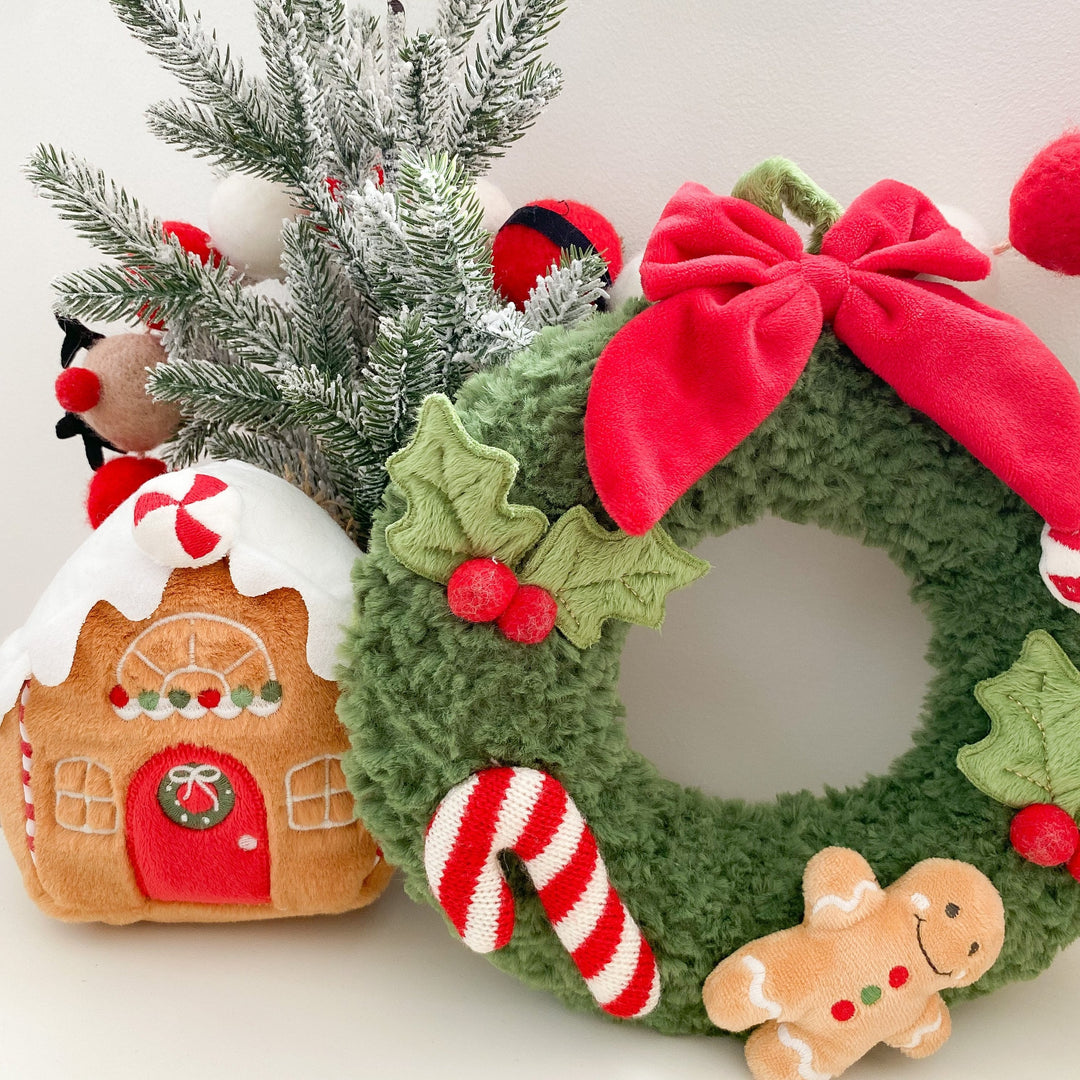 Mon Ami green festive plush holiday wreath with candy details