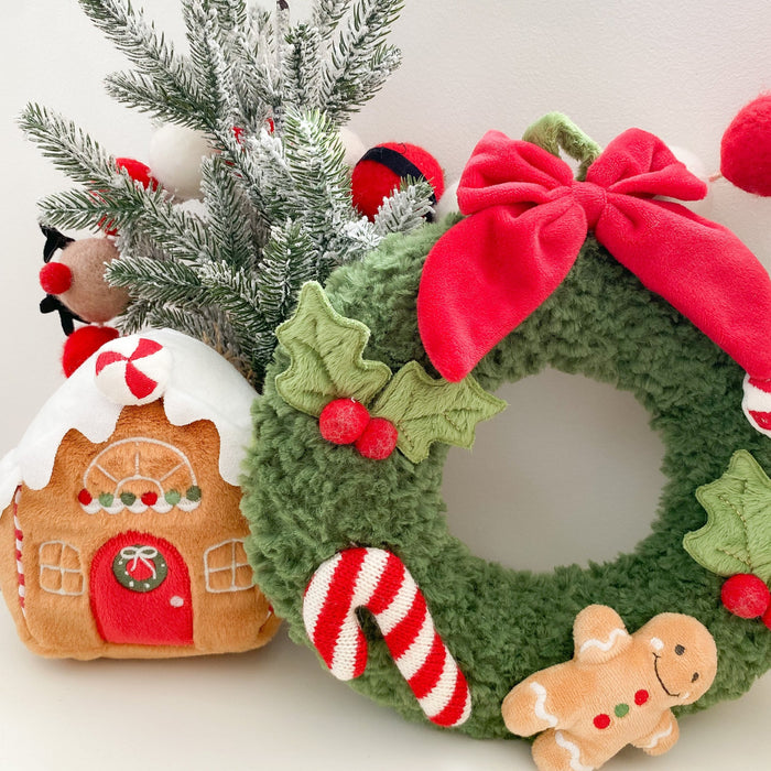Mon Ami green festive plush holiday wreath with candy details