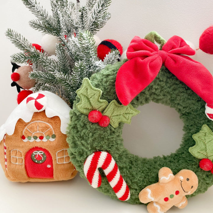 Mon Ami green festive plush holiday wreath with candy details