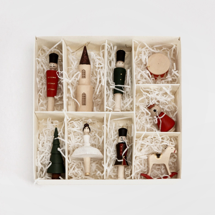 Sabo Concept Wooden Christmas Ornaments – Nutcracker, Ballerina, Mouse King &amp; Soldiers (9-Piece Set)