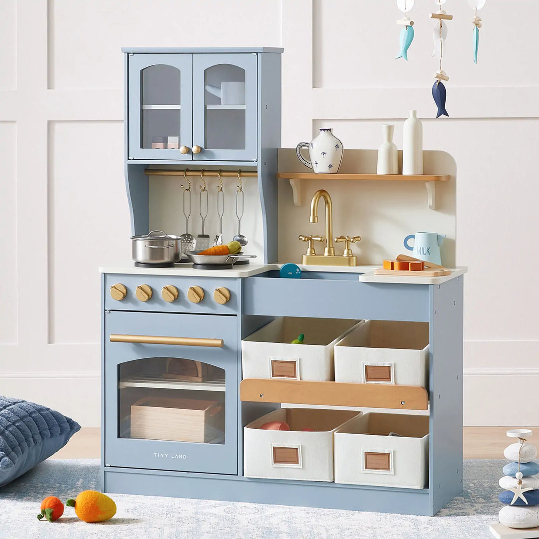 Tiny Land® Pretend Play Kitchen for Kids - Serenity Wooden Kitchen – Blue