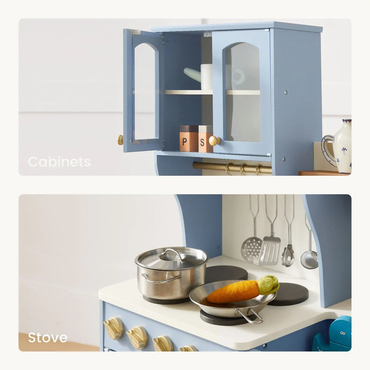Tiny Land® Pretend Play Kitchen for Kids - Serenity Wooden Kitchen – Blue