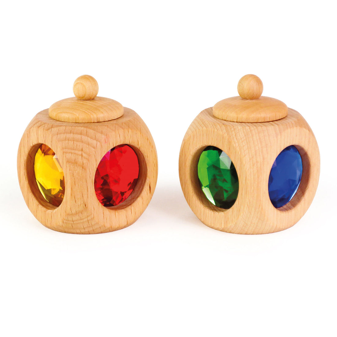 Two Bauspiel Tooth Fairy Boxes in bright colors with gem windows and twist-top lids