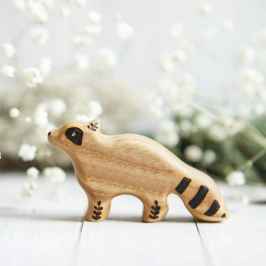 Wooden Baby Raccoon, Standing, a natural wood animal toy by Tiny Fox Hole, cut and finished by hand from solid wood