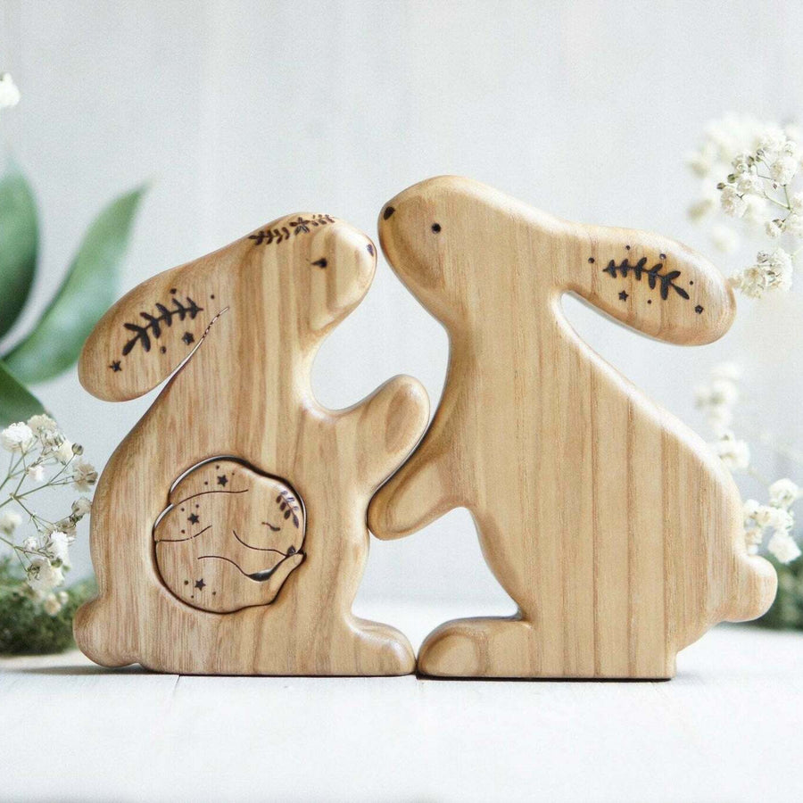 Wooden Bunny Family Announcement Puzzle (Mom, Dad, and Baby), a wooden new-baby keepsake by Tiny Fox Hole (view 3)