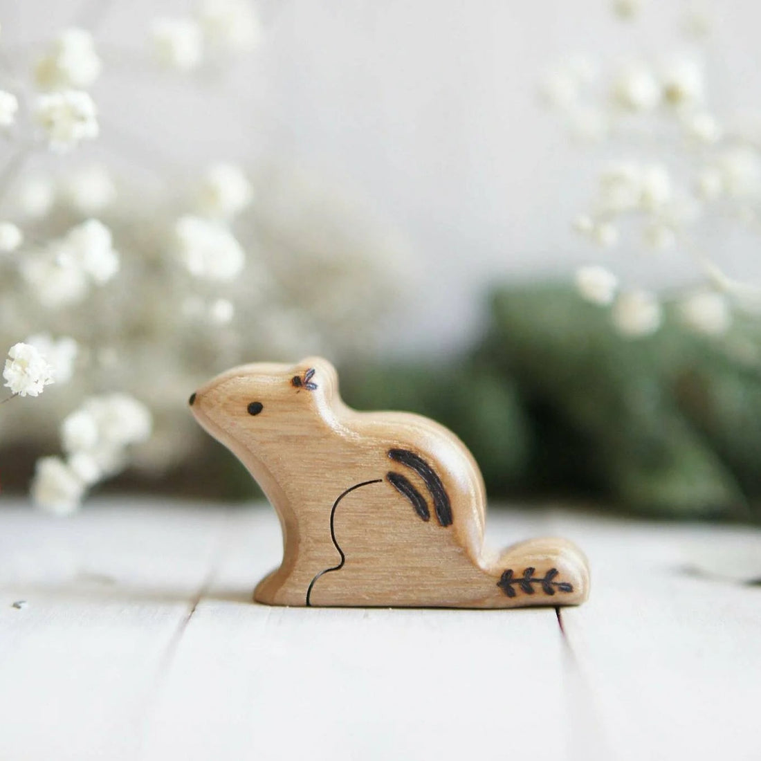 Wooden Chipmunk, Sitting, a natural wood animal toy by Tiny Fox Hole, cut and finished by hand from solid wood