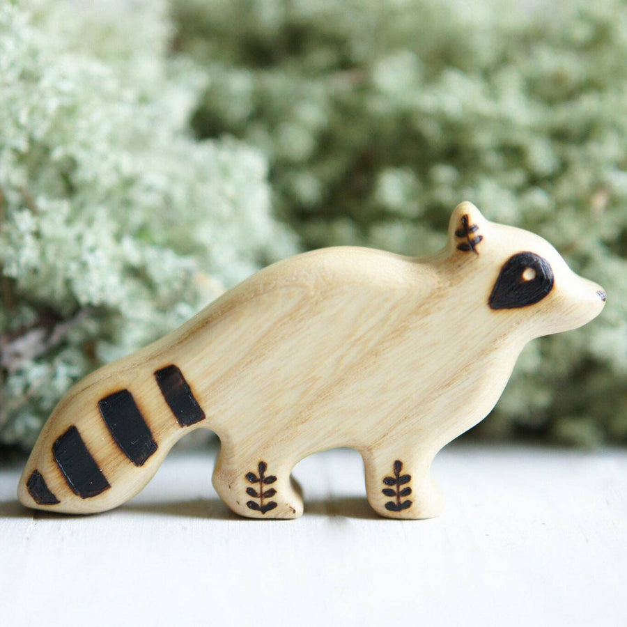 Wooden Raccoon, Standing, a natural wood animal toy by Tiny Fox Hole, cut and finished by hand from solid wood