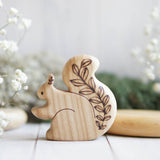 Wooden Squirrel with Leaves, a natural wood animal toy by Tiny Fox Hole, cut and finished by hand from solid wood · view 1