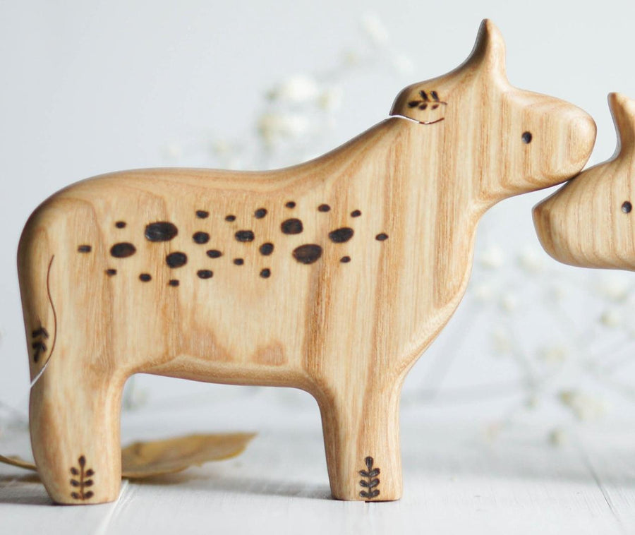Wooden Bull, a natural wood animal toy by Tiny Fox Hole, cut and finished by hand from solid wood