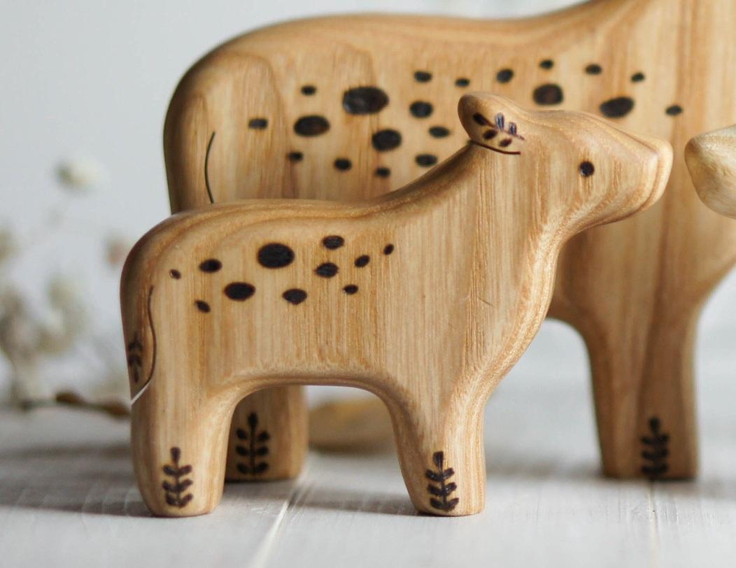 Wooden Calf, Spotted, a natural wood animal toy by Tiny Fox Hole, cut and finished by hand from solid wood