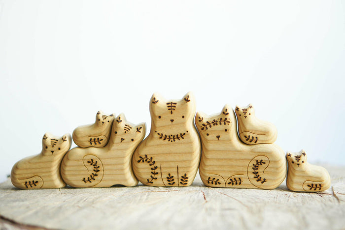 Wooden Cat Family Puzzle, a wooden new-baby keepsake by Tiny Fox Hole, cut and finished by hand from solid wood