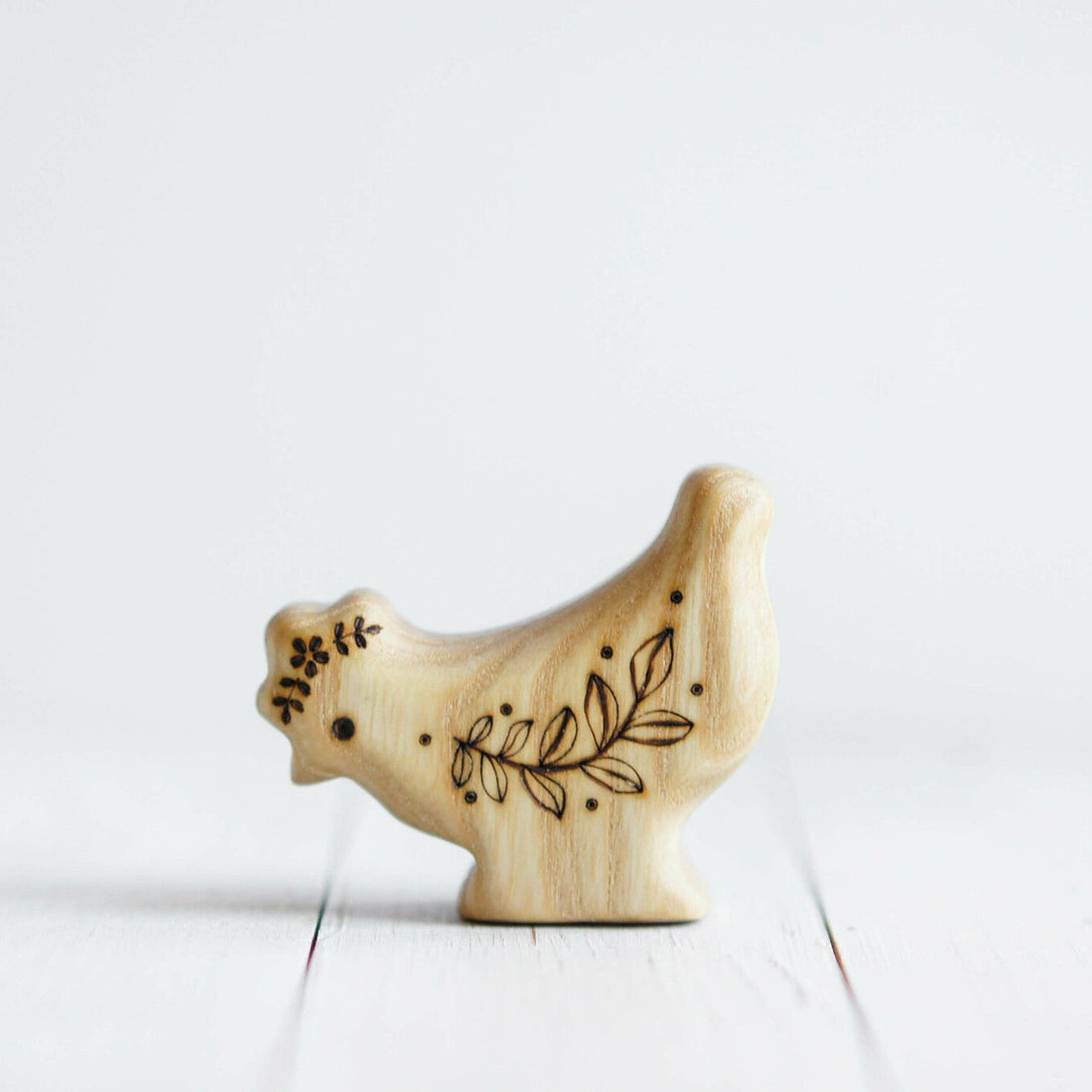 Wooden Hen, Looking Down, a natural wood animal toy by Tiny Fox Hole, cut and finished by hand from solid wood