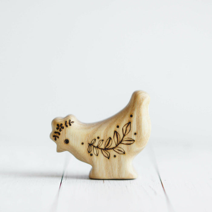 Wooden Hen, Looking Down, a natural wood animal toy by Tiny Fox Hole, cut and finished by hand from solid wood