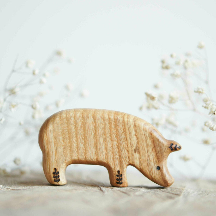 Wooden Pig, Looking Down, a natural wood animal toy by Tiny Fox Hole (view 2)