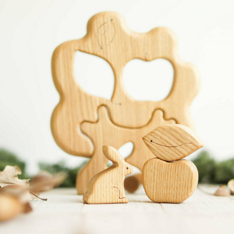 Wooden Tree Puzzle with Apple and Rabbit, a natural wood puzzle by Tiny Fox Hole (view 2)
