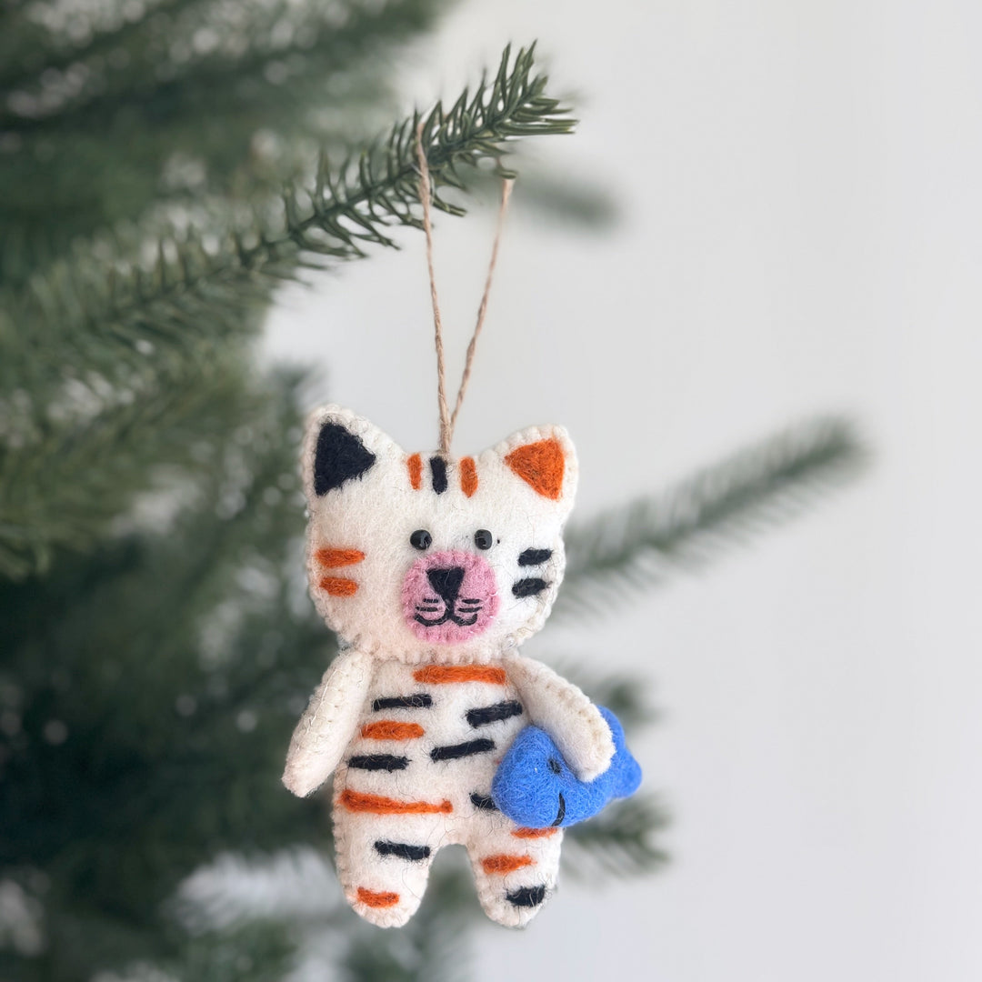 Felt Cat Ornament - Stitched Cat Holding Fish