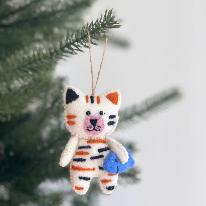 Felt Cat Ornament - Stitched Cat Holding Fish