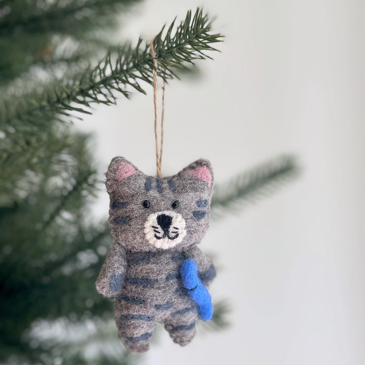 Felt Cat Ornament - Stitched Cat Holding Fish