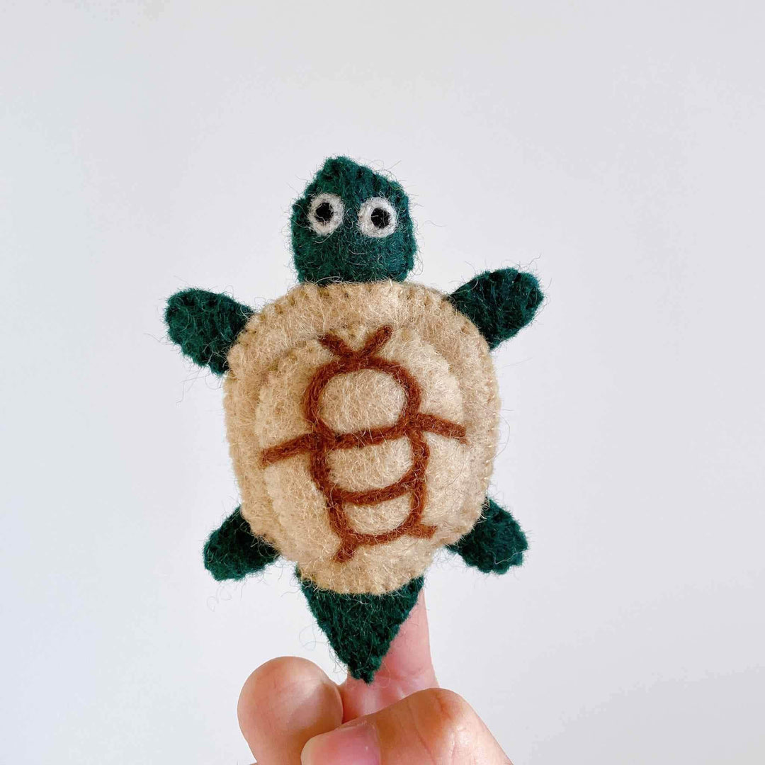 Handmade wool felt turtle finger puppet
