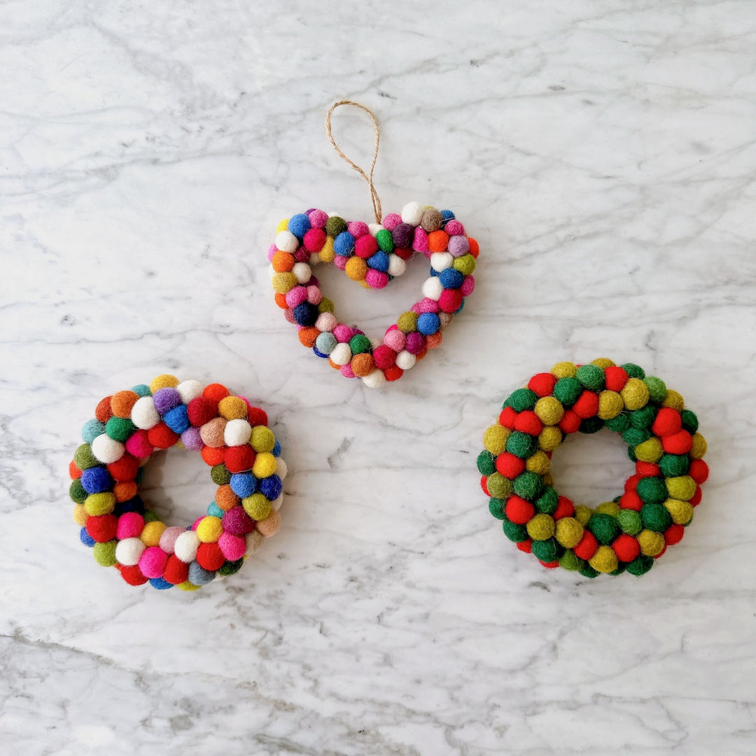 Felt Ornament - Mini Pompom Heart Wreath