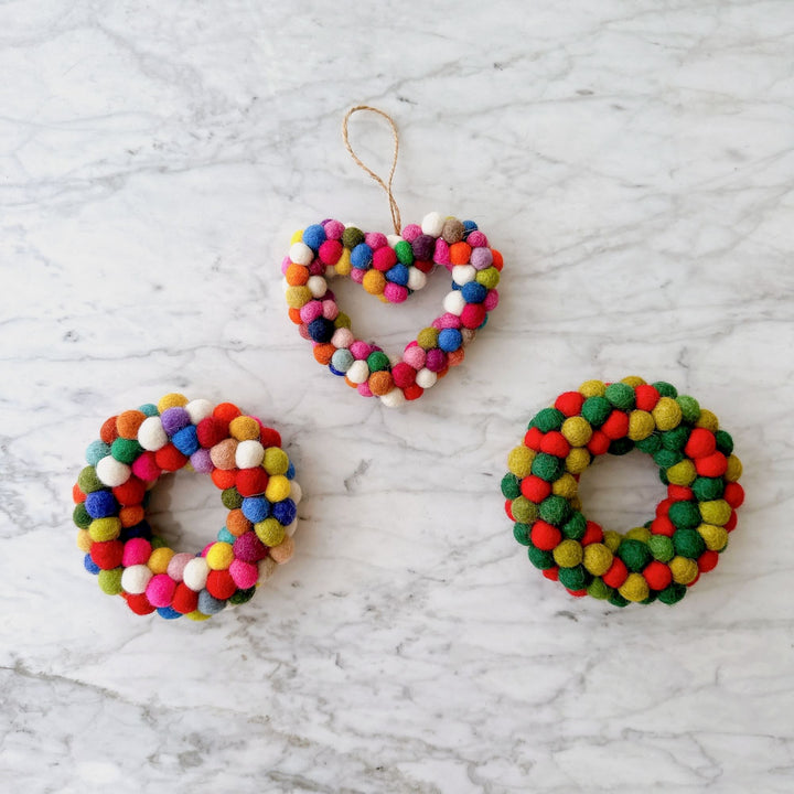 Felt Ornament - Mini Pompom Heart Wreath