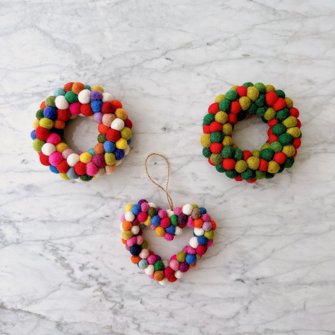 Felt Ornament - Mini Pompom Heart Wreath