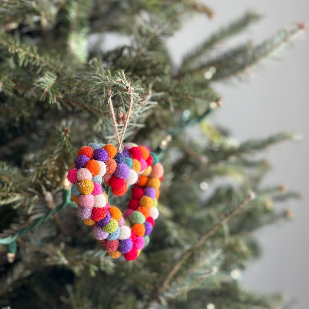 Felt Ornament - Pompom Heart Charm / Rainbow