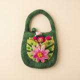 Green hand-felted wool bag with a lime lily pad pocket and a pink water lily, a felt fairy peeking out of the pocket · view 1